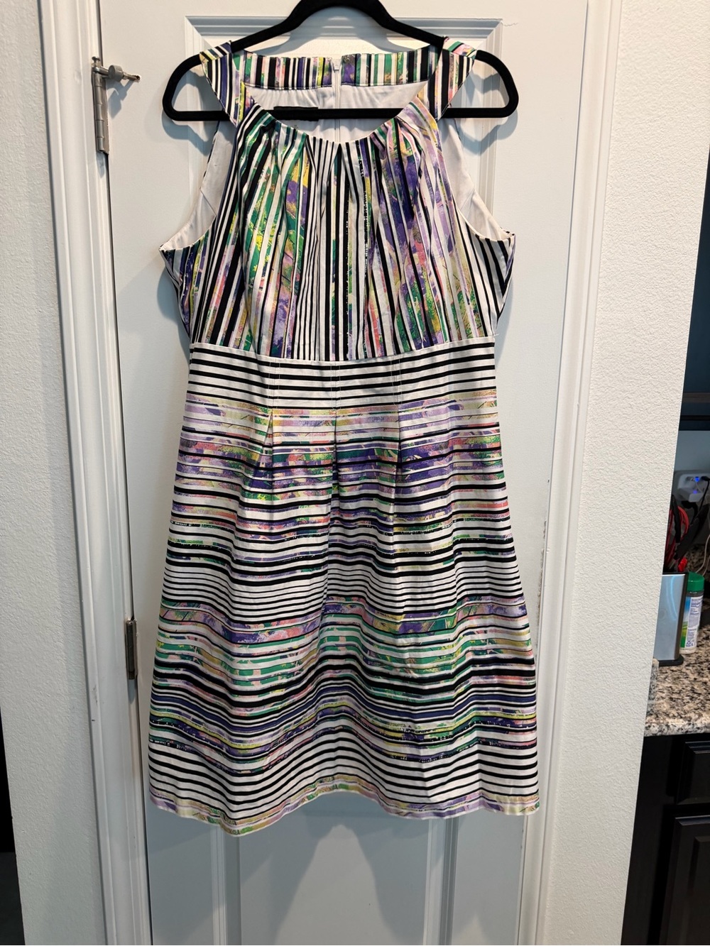 Nine West- Sleeveless Striped Floral Accent Dress - White, Black, Purple, Green
